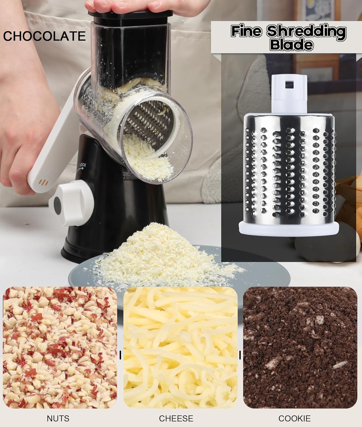 Ourokhome Rotary Cheese Grater Hand Crank, Kitchen Shredder Speed Mandolin Slicer Nuts Grinder with Handle and Drum Blades for Cheese, Vegetable, Walnut, Chocolate, Potato, Carrot, 3 Blades, Black