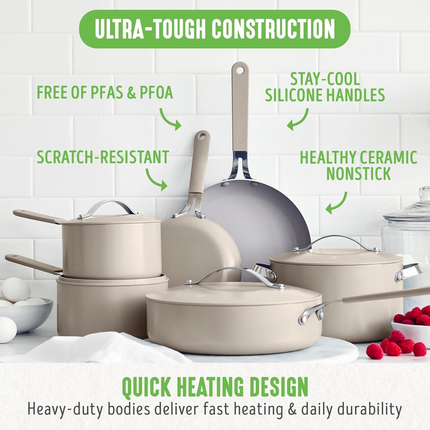 GreenLife 10-Piece Nonstick Ceramic Cookware Set, Lightweight Healthy PFAS-Free Pots & Pans with Lids, Dishwasher & Oven Safe, Durable Body, Silicone Stay-Cool Handles, Easy Release, Taupe