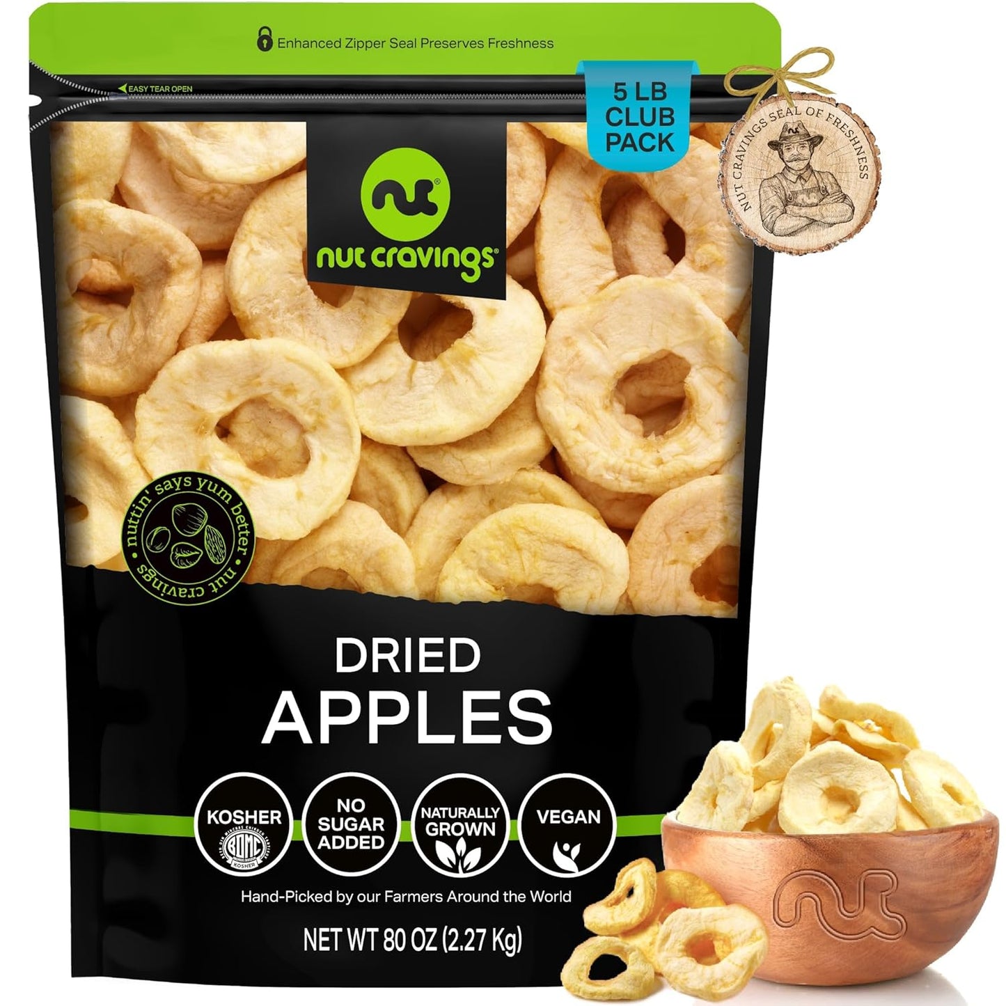 NUT CRAVINGS - Dried Apple Rings Slices, No Sugar Added - Chewy Soft Texture (80oz, 5 LB) Bulk Dry Fruits Packed Fresh in Resealable Bag - Sweet Healthy Snack, Naturally Grown, Vegan, Kosher