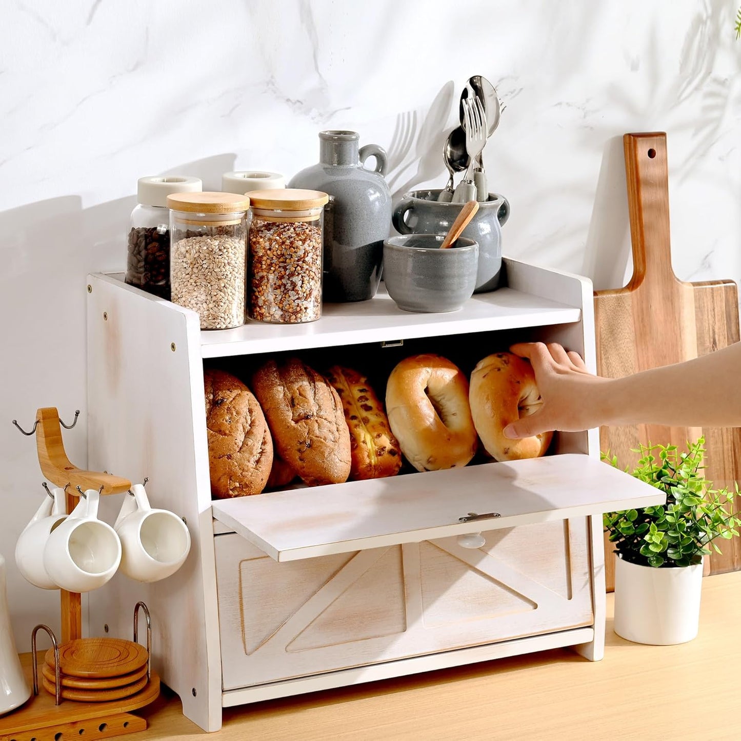 Ollieroo Vintage Double Layer Bread Box for Kitchen Countertop, Bamboo Bread Storage Container, Breadbox for Homemade Bread, Large Capacity Bread Bin(White)