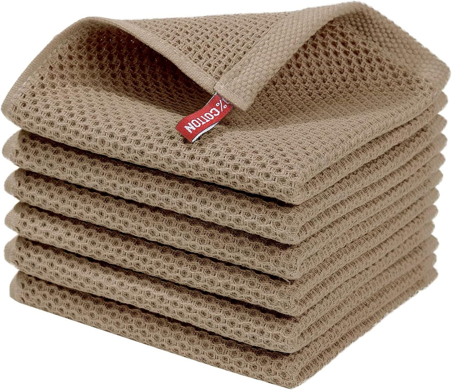 Homaxy 100% Cotton Waffle Weave Kitchen Dish Cloths, Ultra Soft Absorbent Quick Drying Dish Towels, 12 x 12 Inches, 6-Pack, Tan