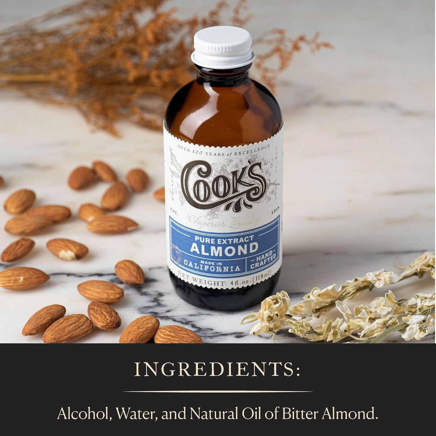 Cook’s, Pure Almond Extract for Baking, Cooking, and Mixology, Allergen Free Almond Flavoring Extract, 4 oz