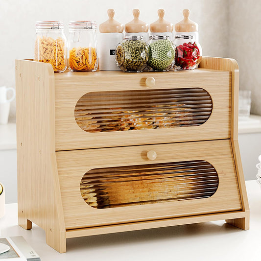 Bread Box for Kitchen Countertop,Double Layer Large Capacity Bamboo Bread Storage Container with Acrylic Wavy Door Panel for Kitchen Counter,Cabinet,Pantry(Natural Bamboo)
