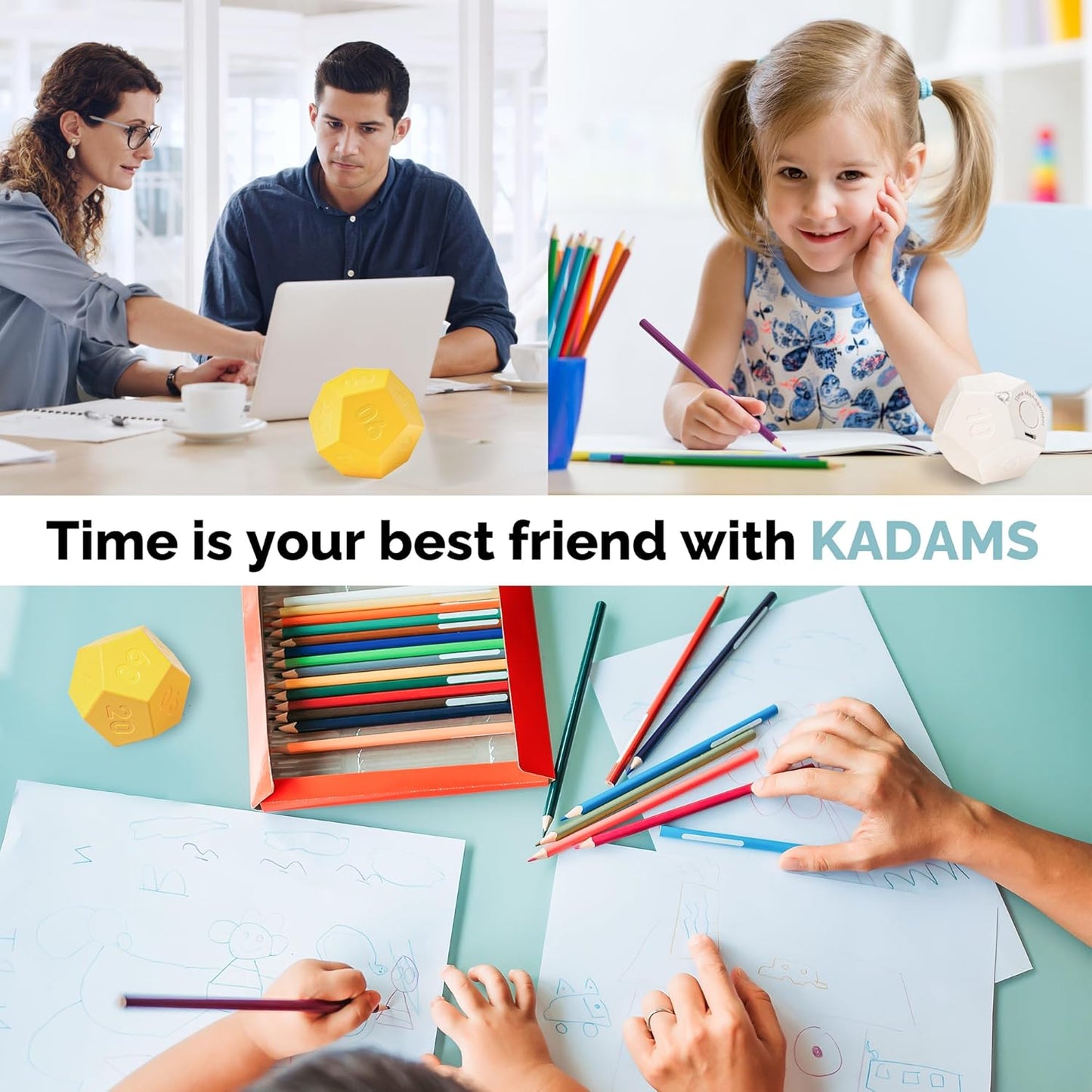 KADAMS Pomodoro Cube Timer Productivity-11 Preset Countdowns, Flip-to-Start Gravity Activation - Sound Vibrate Mute Rechargeable - Ideal for ADHD Kid Kitchen Classroom Cook Study Exercise - Yellow