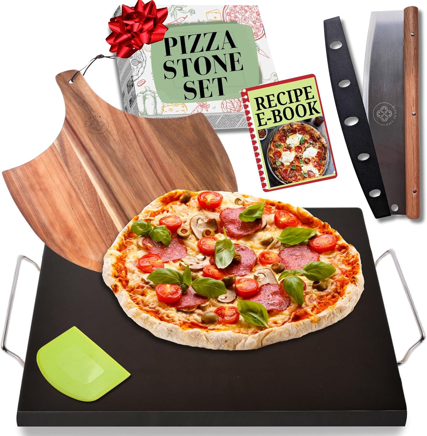 Reversible Ceramic Pizza Stone for Oven - Pizza Stones for Grill with Handles, Pizza Peel, Pizza Cutter, Dough Tool - Bread Baking Stone - 15 inch Ceramic Pizza Pan - Pizza Making Kit - Oven Stone