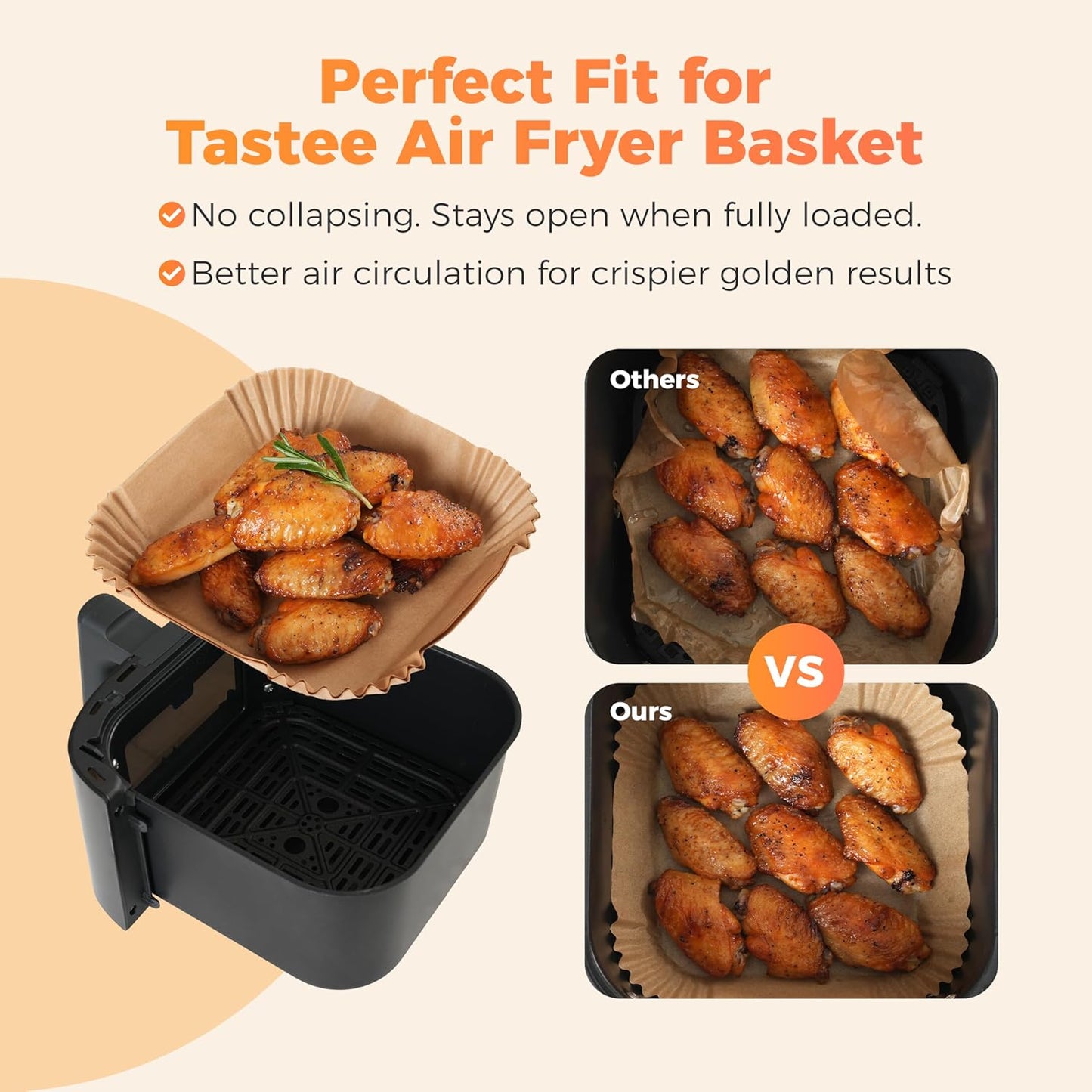 Tastee Air Fryer Liners 100Pcs - Design for 3-6QT Air Fryer Baskets, Oil-Absorbent Disposable Paper Liners, 450°F Heat Resistant, Custom Fit