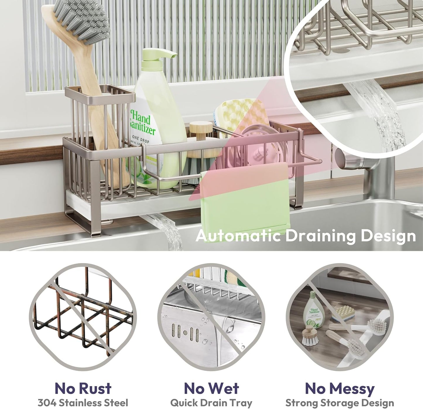 SWTYMIKI Sponge Holder for Kitchen Sink - Sink Caddy with Brush Holder Self-draining Sponge Caddy Organizer with Divider Stainless Steel Kitchen Accessories Storage for Countertop, Sand Nickel