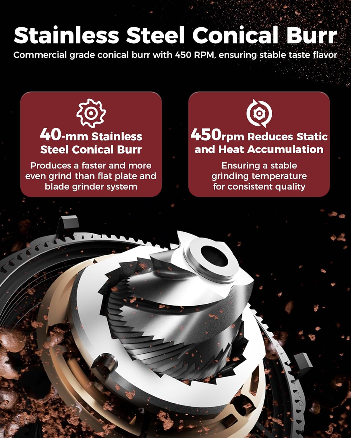 Tuni G1 Conical Burr Coffee Grinder, 48 Grind Settings Anti-static Burr Mill, Precision Electronic Timer and LED Touchscreen for Espresso/Drip/Cold Brew/French Press, Stainless Steel, Silver