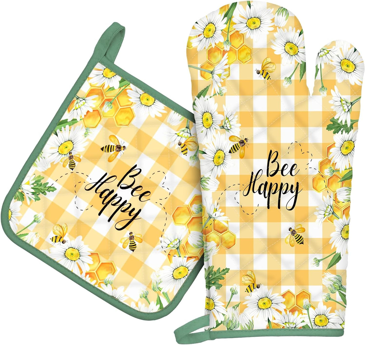 Bee Daisy Oven Mitts and Pot Holders Sets 100% Cotton Heat Resistant, Extra Long Oven Gloves Potholder for Kitchen Cooking Baking Housewarming