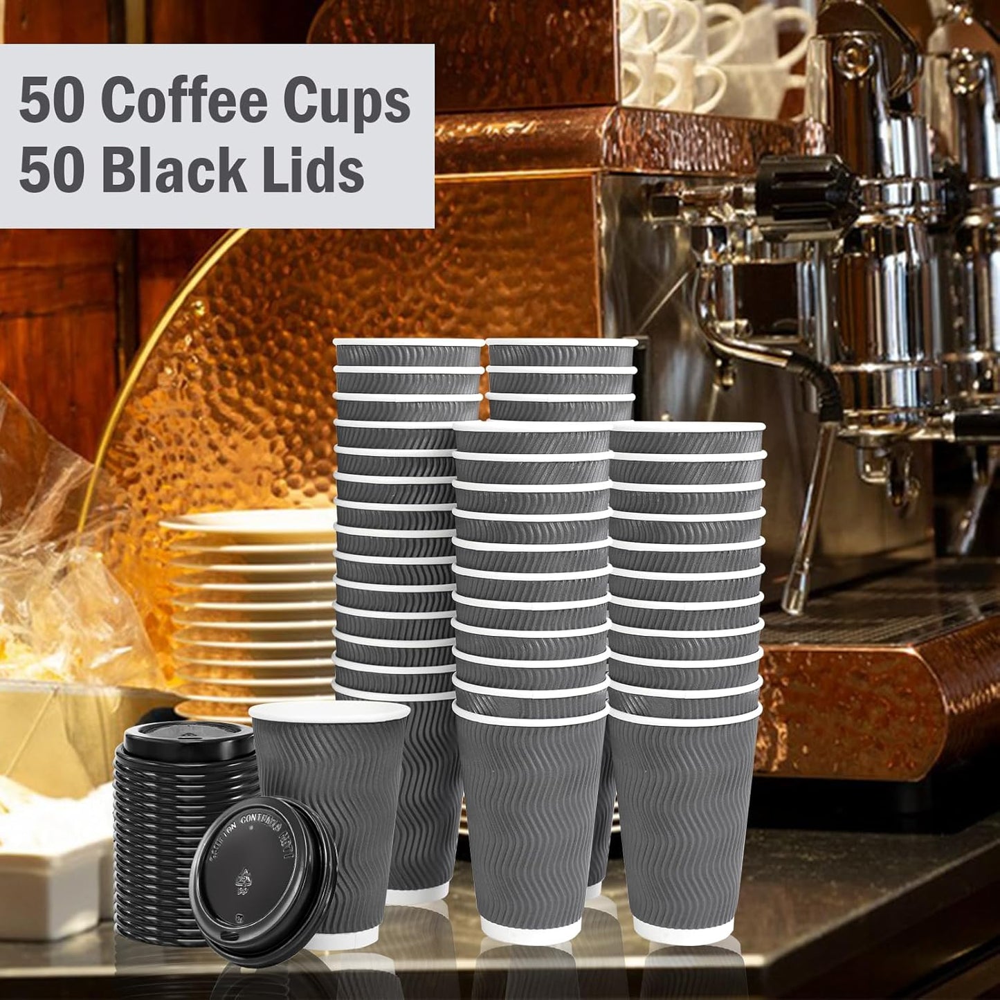 Lamosi 500 Pack - 16 oz Insulated Disposable Coffee Cups with Lids, To Go Paper Coffee Cups with Lids, Corrugated Ripple Wall Cup for Hot Drink Office Coffee Bar (Grey)