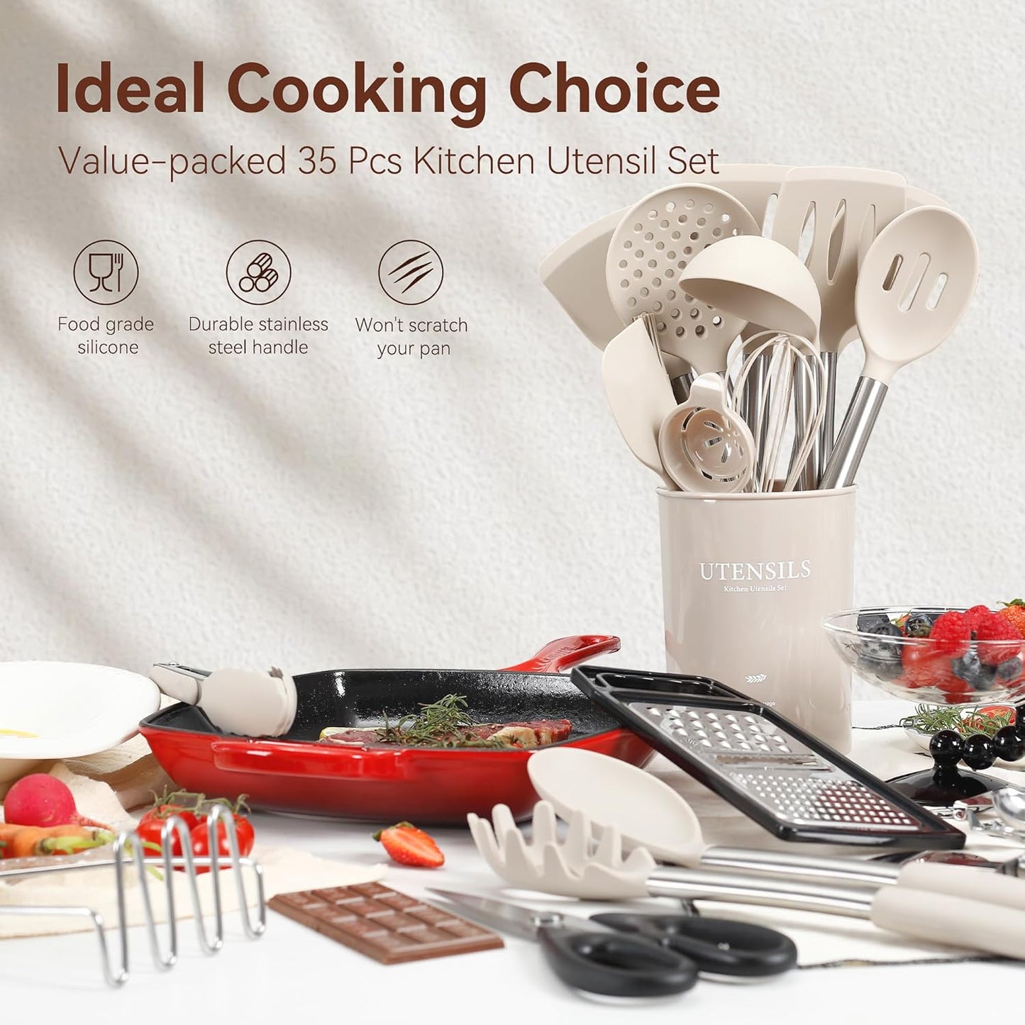 Silicone Cooking Utensils Set, NCUE 35 Pcs Kitchen Utensils Set with Holder, with Stainless Steel Handle Spatula Set, Spoons, Pasta Server, Cheese Grater, Masher, Scissors, Dishwasher Safe (Khaki)