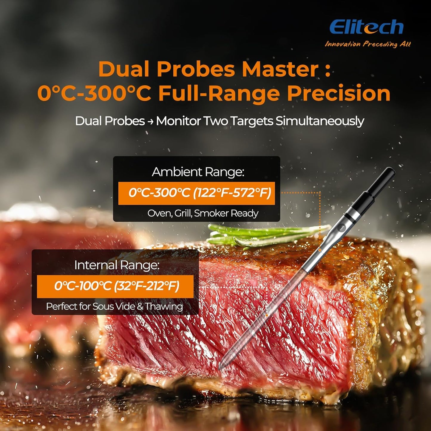 Elitech Digital BBQ Thermometer, Bluetooth Wireless Meat Thermometer for Grilling and Smoking, 2 Probes for Grill, Oven, Smoker, Rotisserie, WMT-20