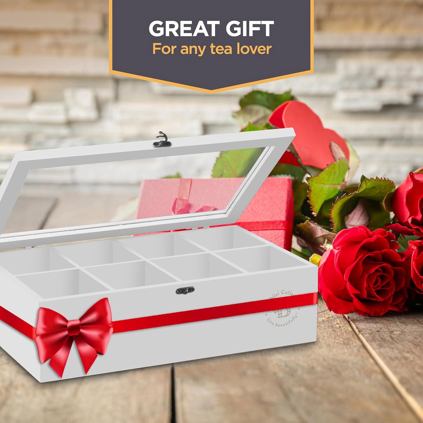 Bambüsi Tea Bag Organizer - Bamboo Tea Box Organizer Storage Box, Tea Bag Holder with Acrylic Window, Magnetic Lid Keeps Tea Bags Fresh - Tea Organizer Caddy (Tea Not Included) Christmas Gift - White