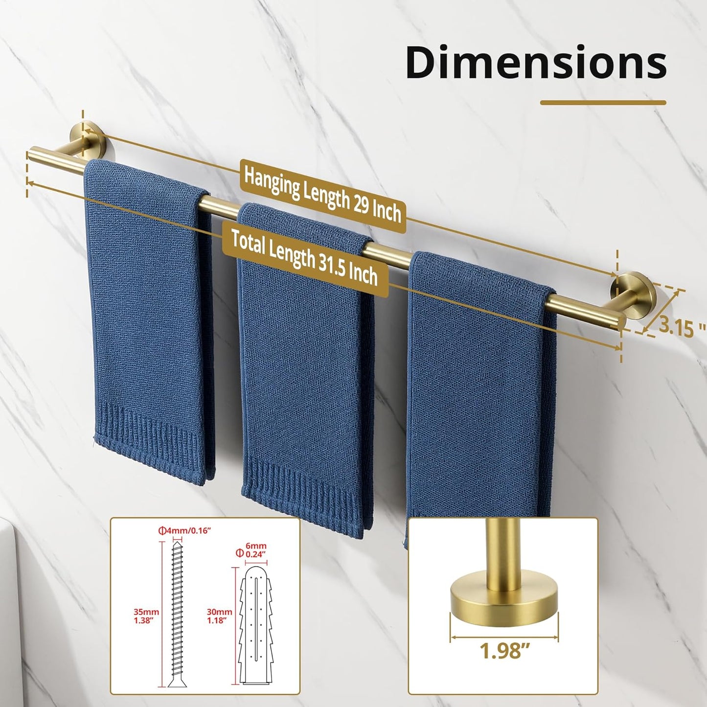 SAYAYO Towel Racks for Bathroom, 31.5 Inch Towel Bar Brushed Gold, Towel Rod Wall Mount, SUS304 Stainless Steel Towel Holder (29 Inch Total Length)