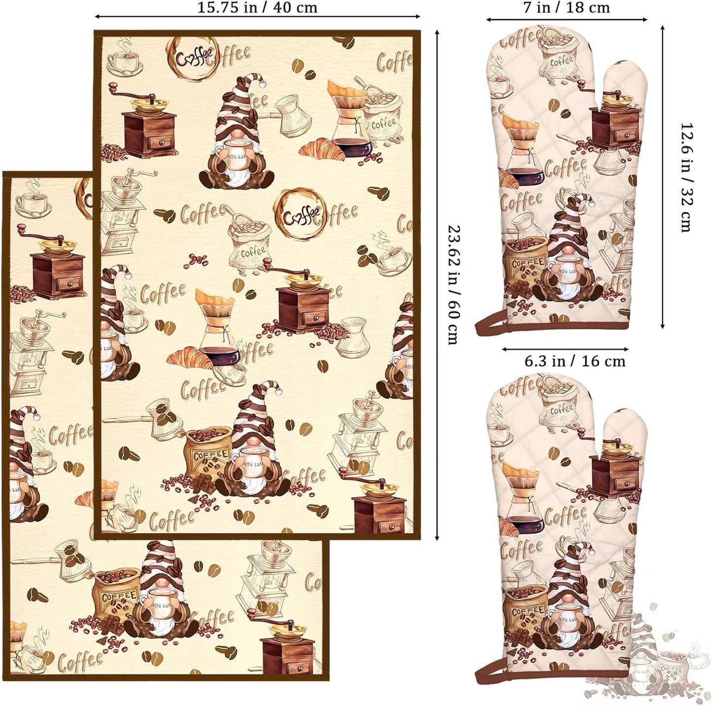 Vintage Coffee Kitchen Towels and Oven Mitts Set 4Pcs, Soft Absorbent Dish Cloth Heat Resistant Oven Gloves for Cooking Baking Kitchen Decoration, Gifts for Her