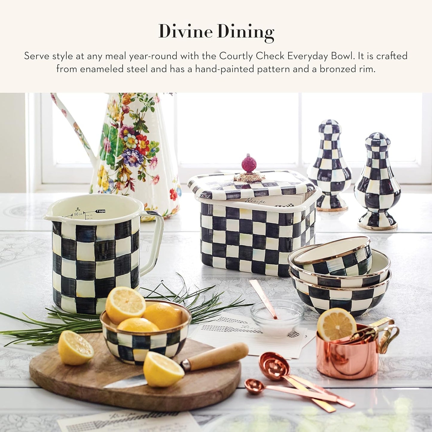 MACKENZIE-CHILDS Enamel Everyday Bowl, Serving Bowl for Entertaining, Extra-Small, Black-and-White Courtly Check, Set of 1