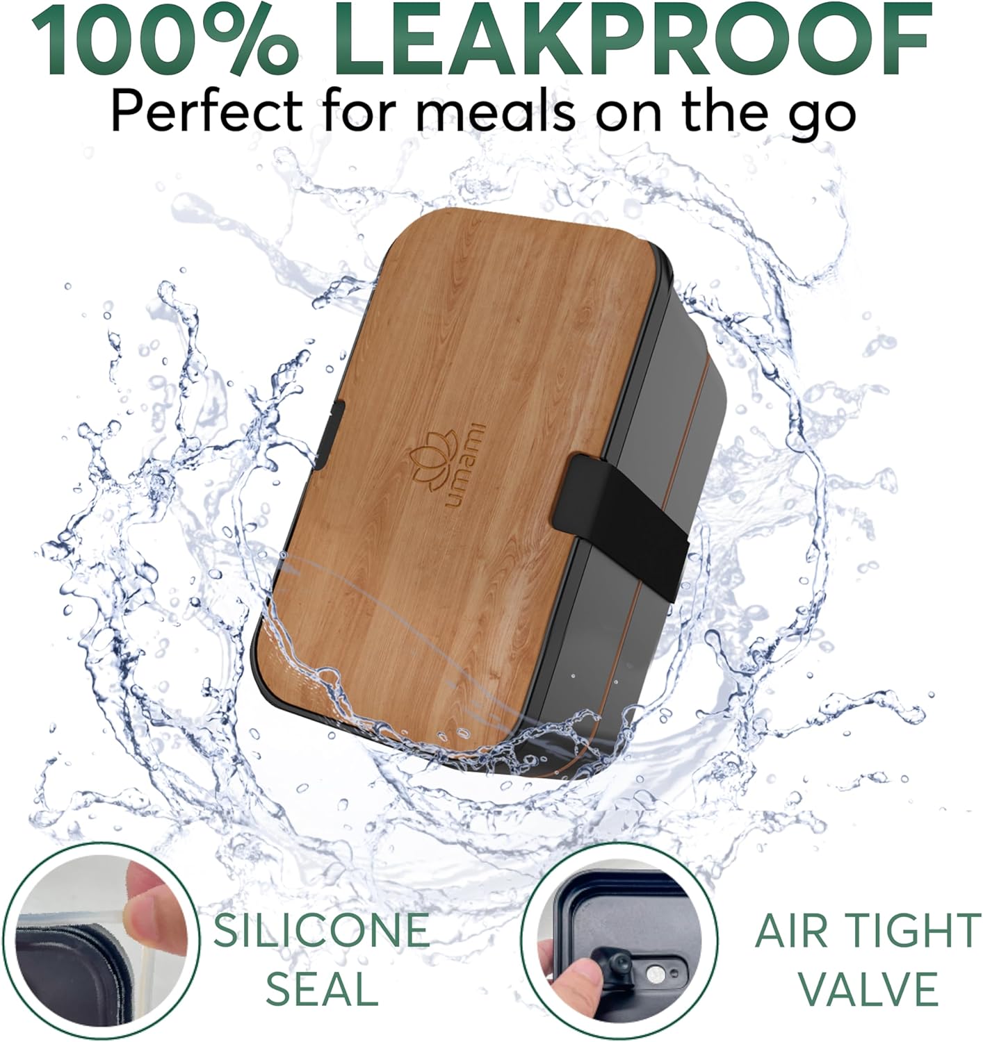 Umami Premium Lunch Box Containers w/ 4 Utensils, 2 Sauce Jars, Nestable Space-Saving Bento Box Adult, 100% Leakproof, Microwavable Lunch Containers for Adults, Cherry Black, 50 oz