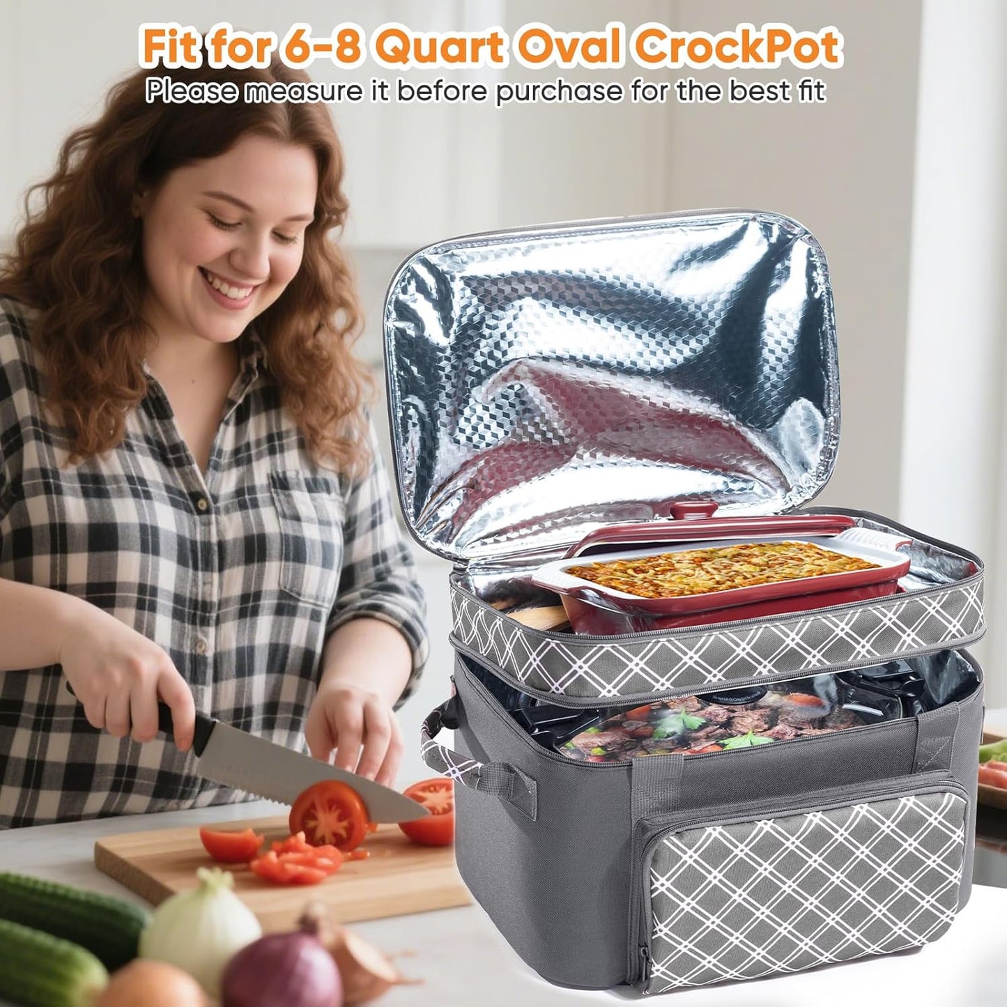 Double Layer Slow Cooker Carrier Bag – Fits 6–8 Qt Oval Slow Cooker Compatible with CrockPot & Hamilton Beach | Insulated Travel Tote with Utensil Storage & Adjustable Straps