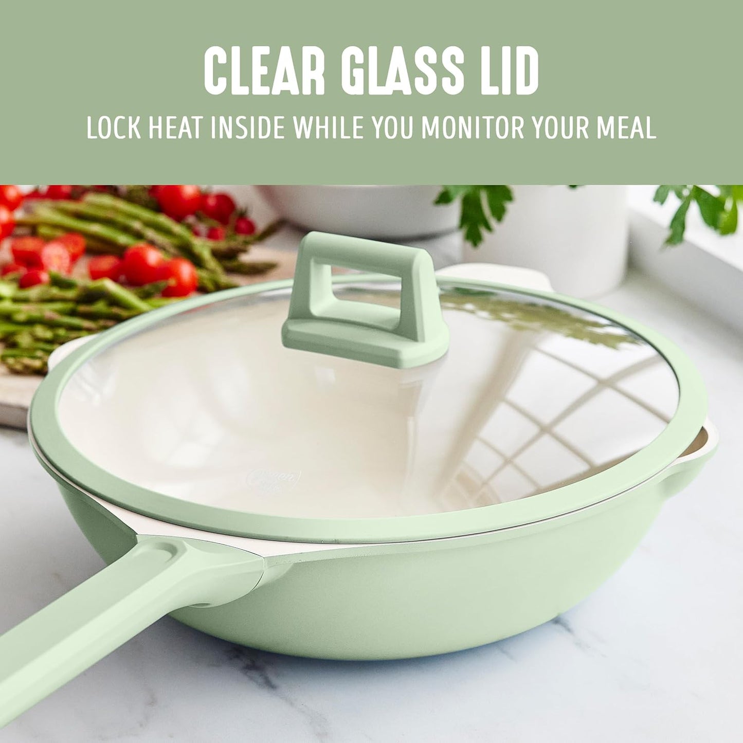 GreenLife Nonstick 12” (5QT) All in One Deep Skillet Wok with Lid, PFAS-Free Non-Toxic Ceramic Multi-Purpose Pan, Induction, All Stovetop, Egg, Stir Fry, Saute, Stay Cool Handle, Sage Green