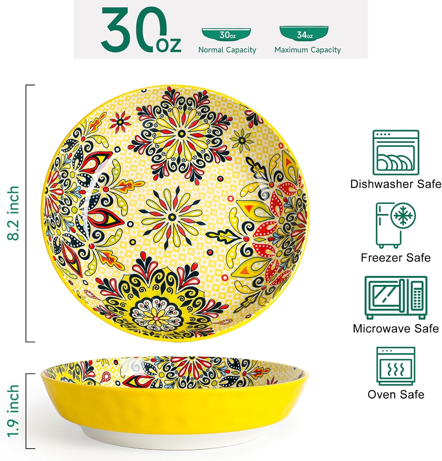 KitchenTour Pasta Bowls Set of 6-30 oz Large Wide & Shallow Serving Bowl, Colorful Ceramic Salad Bowls for Everyday Dining - 8.2 Inch, Microwave and Dishwasher Safe, Bohemian Style