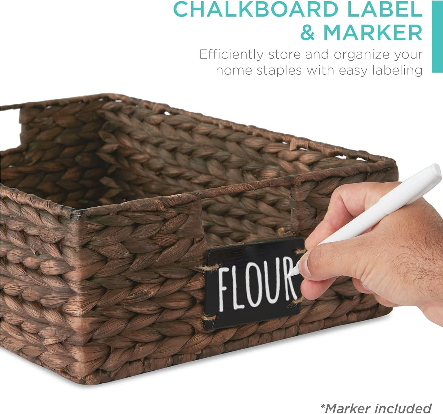Best Choice Products Set of 4 16x12in Large Water Hyacinth Pantry Baskets, Woven Organizers w/Chalkboard Label, Chalk Marker - Brown