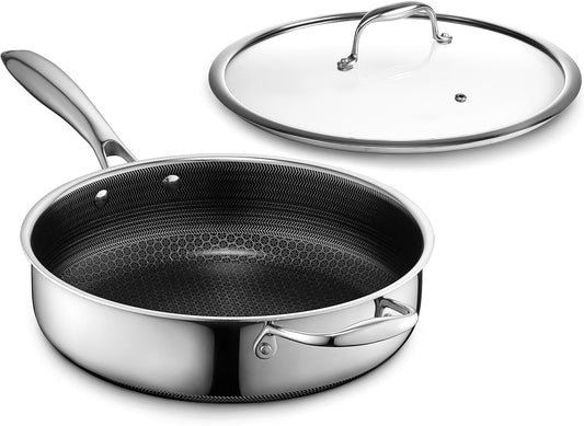 HexClad Hybrid Nonstick 3.3-Quart Deep Sauté Pan with Tempered Glass Lid, Stay-Cool Handle, Dishwasher-Friendly, Oven-Safe Up to 900°F, Induction Ready, Compatible with All Cooktops