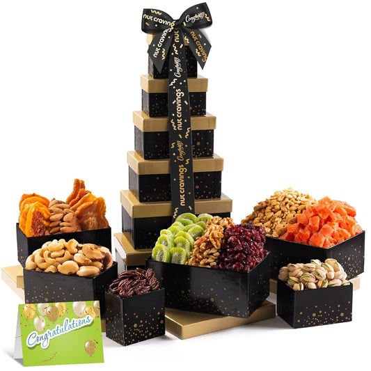 NUT CRAVINGS Gourmet Collection - Congratulations, Nuts & Dried Fruits Tower Gift Basket, with Congrats Ribbon + Greeting Card (12 Assortments) Food Arrangement, Healthy Snack, Food Assortments