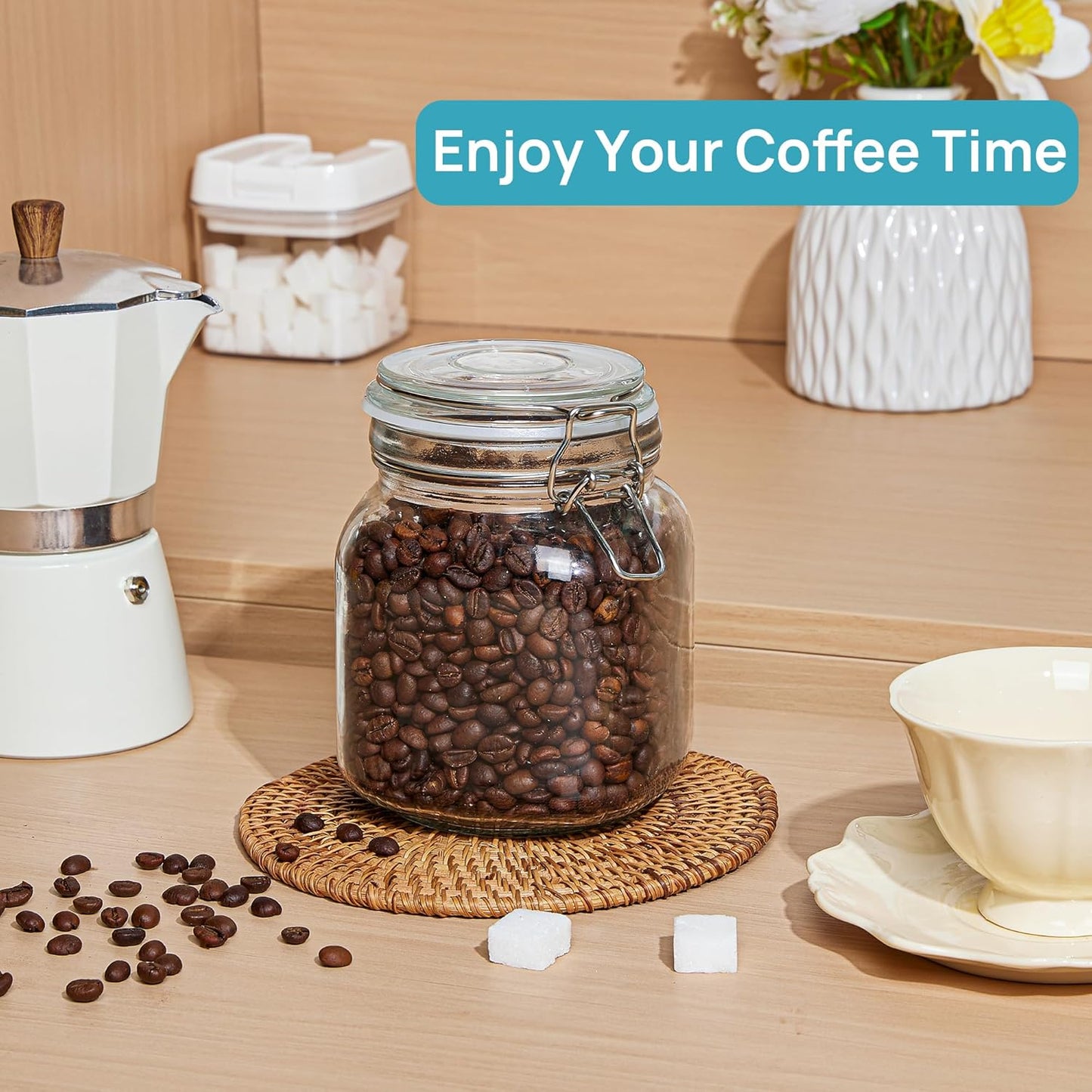 Vtopmart 34oz Glass Food Storage Jars with Airtight Clamp Lids, 3 Pack Kitchen Canisters for Flour, Cereal, Coffee, Pasta and Canning, Square Mason Jar with 8 Chalkboard Labels