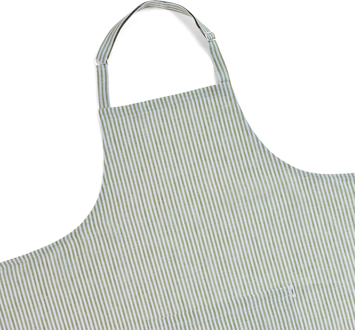 Solino Home 100% Pure Linen Apron for Women & Men - Avocado and White Stripe Full Midi Bib Apron, Adjustable Neck Strap with Center Pockets for Kitchen, Chef - Handcrafted from European Flax