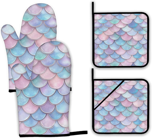 Pink Fish Scales Oven Mitts and Pot Holders Set,Mermaids Kitchen Decor Heat Resistant Non Slip Hot Pads and Oven Mitt for Chef Cooking Baking BBQ Mom Girl Gifts(4 Piece Set)