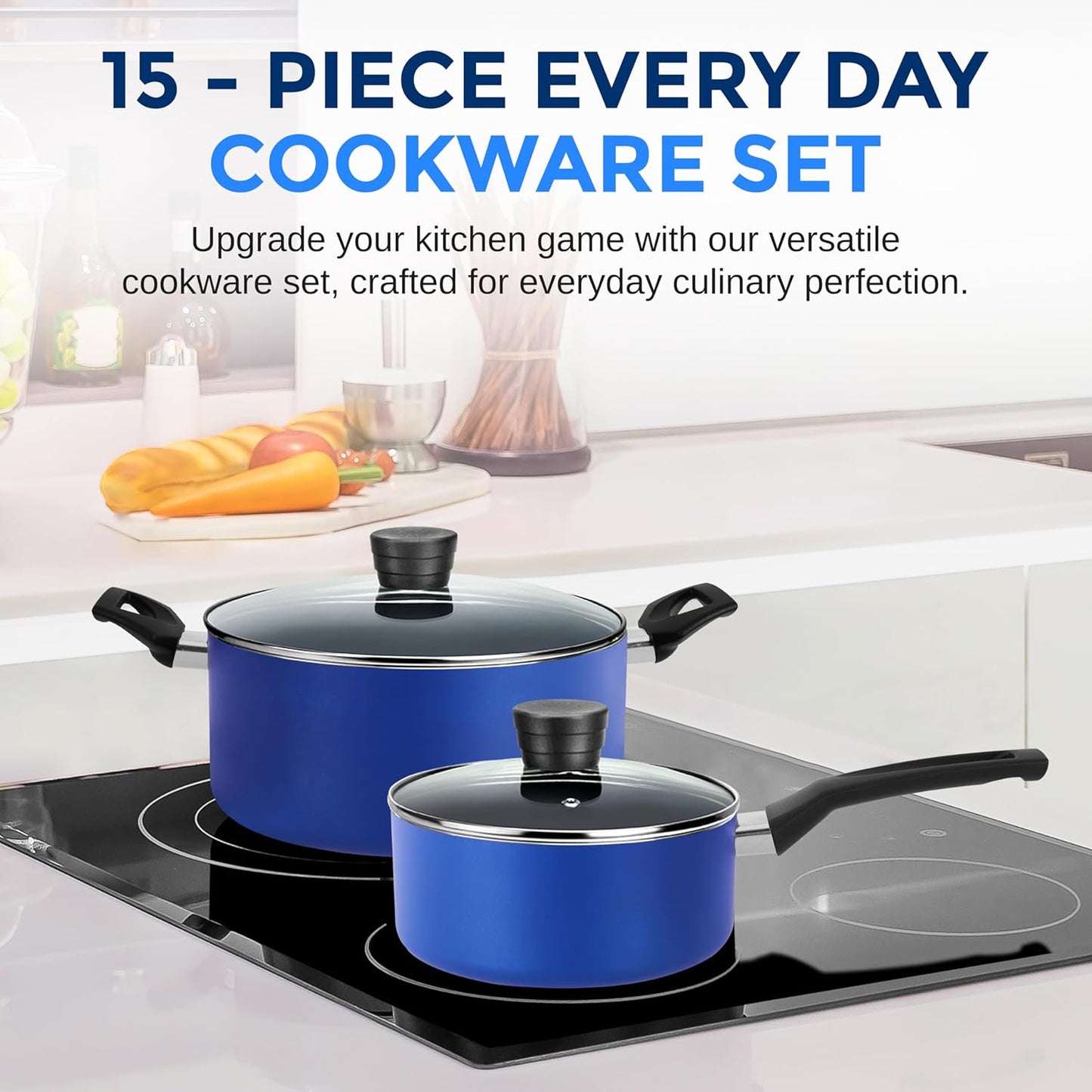 SereneLife 15-Pc Blue Cookware Set - Non-Stick, Heat-Resistant Pots & Pans with Lids, Dishwasher Safe, Includes Matching Utensils