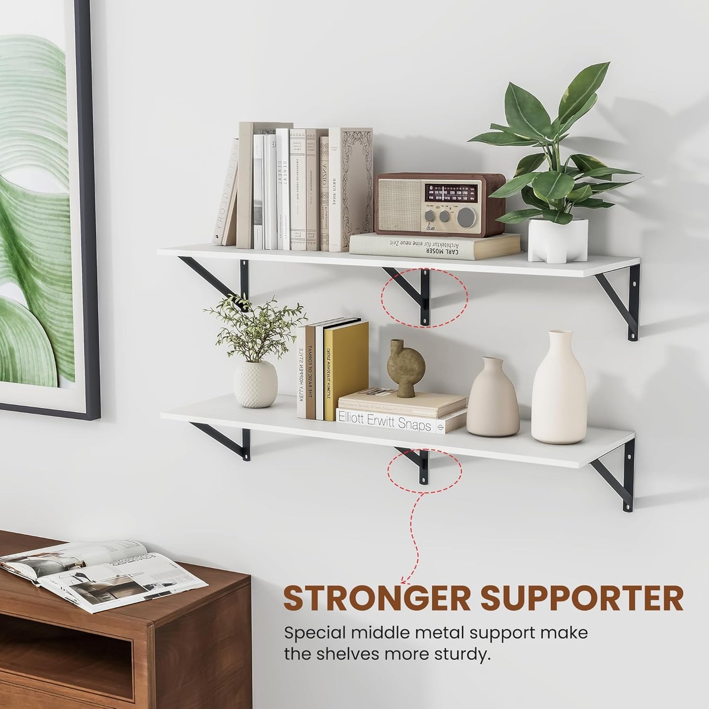 Heimlove White Deep Floating Shelves for Wall, 36W x 12D Wood Wall Shelves Set of 2, Wide Floating Bookshelf for Living Room, Kitchen, Office, Bedroom and Decor Storage, with Black Bracket - White