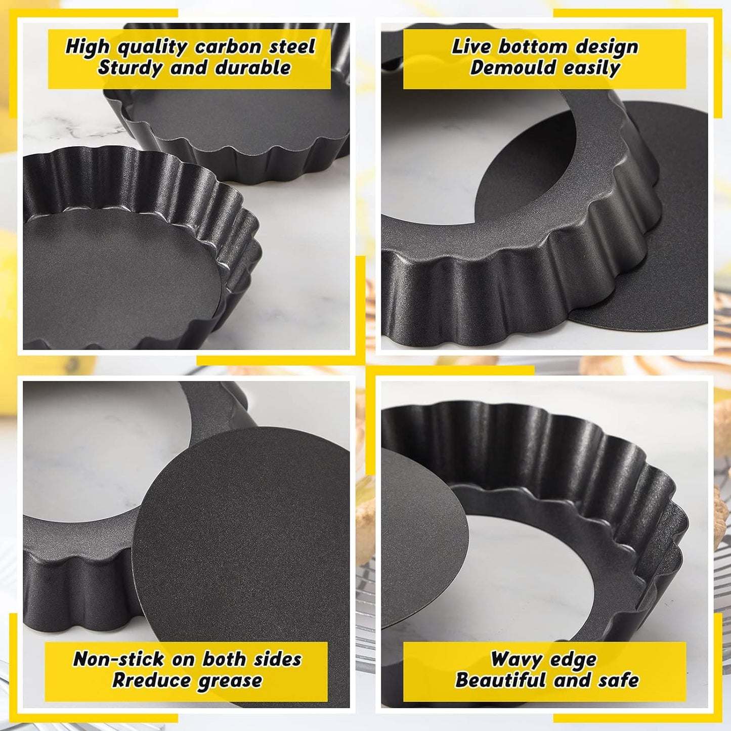 Uiifan 32 Pcs Mini Tart Pans Egg Tart Molds with Removable Bottom Round Nonstick Quiche Pan Mini Pie Pans Small Bakeware Mold Fluted Side for Mousse Cake Dessert Baking(3 Inch,Black Gray)