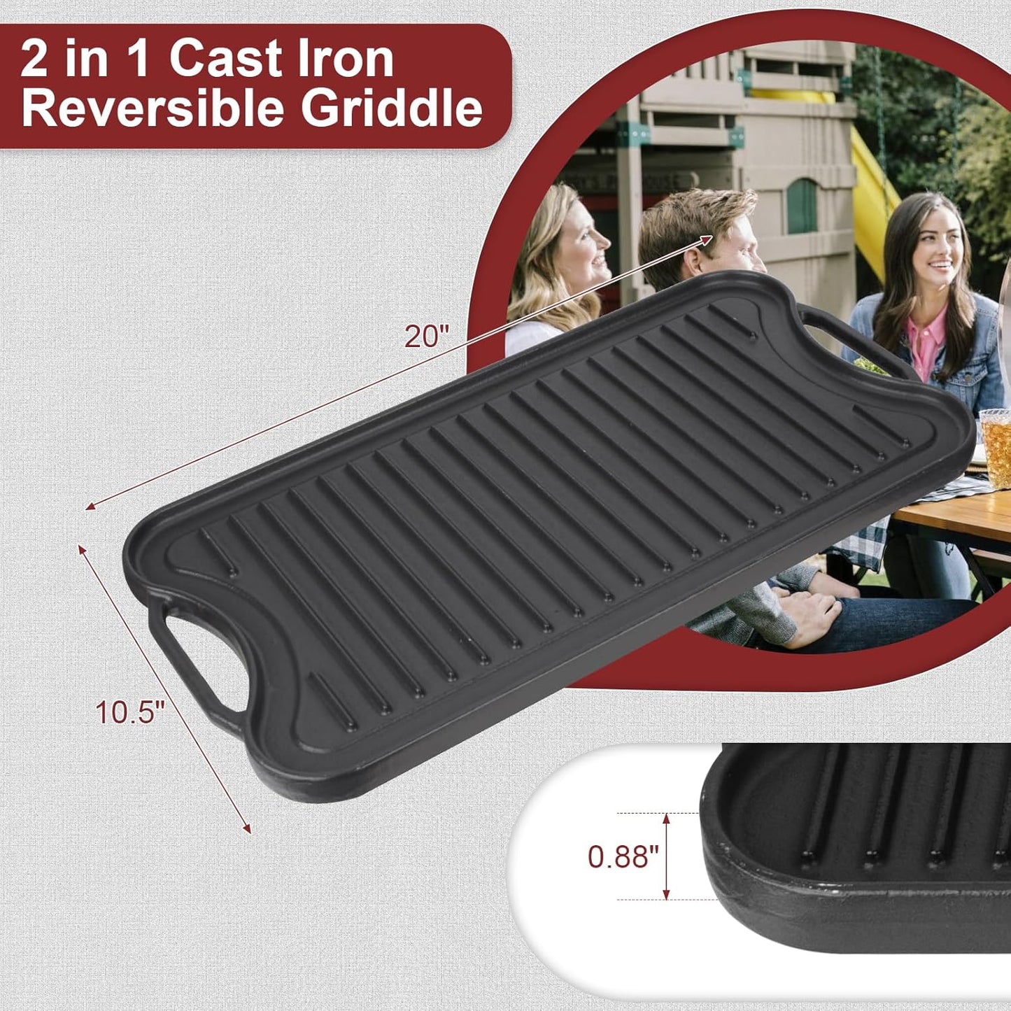 Cast Iron Reversible Grill/Griddle Pan -20"x10.5" Pre-Seasoned Rectangular Double Sided Griddle Plate for Gas Stove, Oven, Camping, Indoor & Outdoor Cooking - Non-Stick, Durable & Versatile