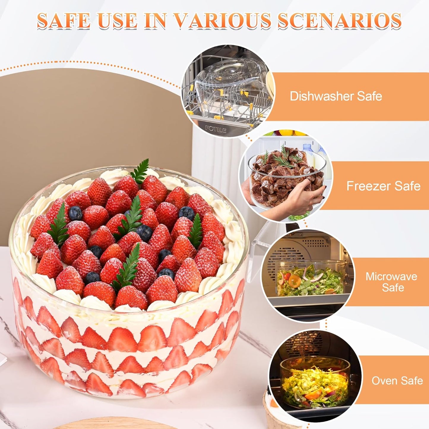 Large Salad Bowl, 8 inch Trifle Bowl Glass with Sealed Lid, Versatile Mixing and Serving Bowl for Laying Ice Cream,Cake,Cupcake,Salad,Fruit,Baking,Dessert and Party Diy, Microwave Safe