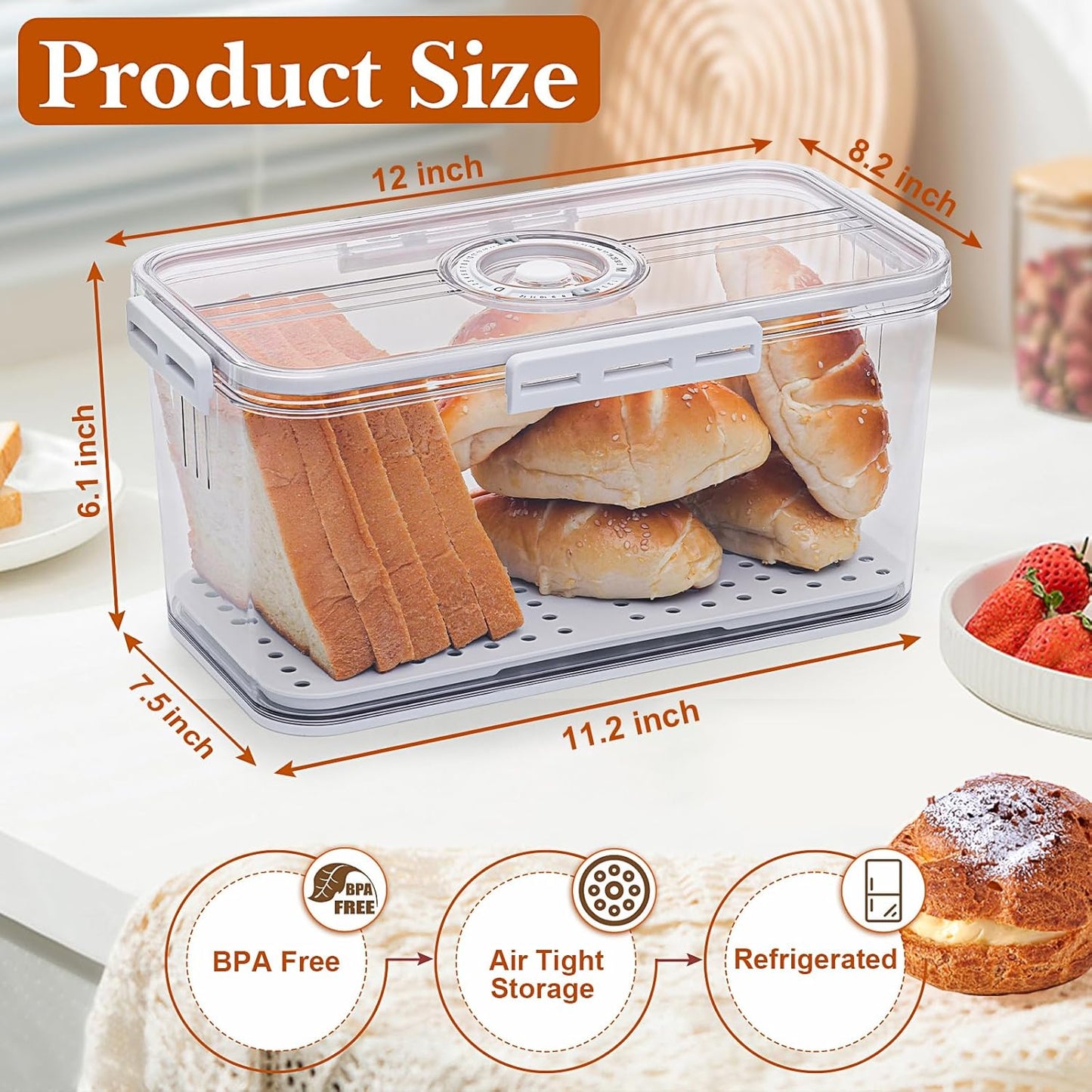 Bread Box for Homemade Bread Boxes for Kitchen Counter Airtight, Time Recording Bread Storage Container with Lid, Bread Containers Storage Airtight Loaf Bread Keeper, Large, White