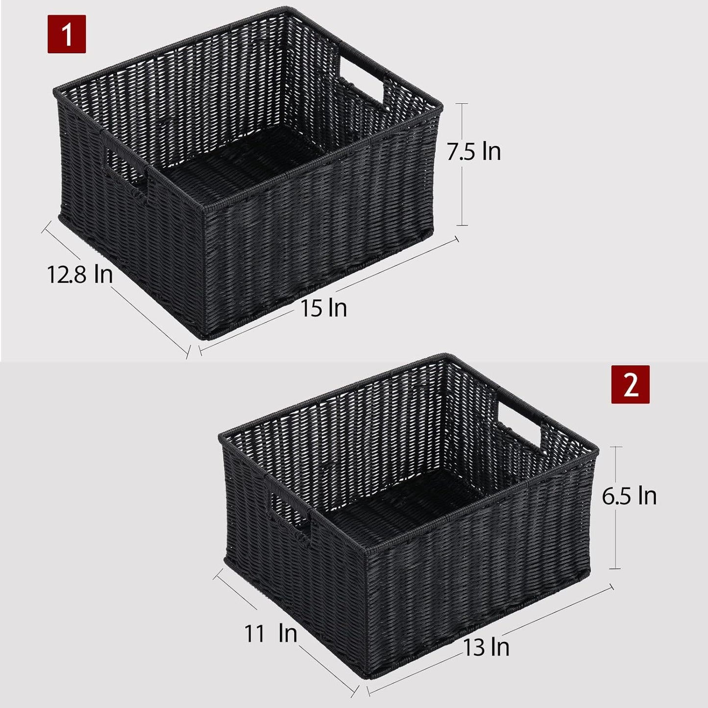 HOONEX Large Wicker Baskets for Storage, Plastic Baskets for Organizing with Dual Handles, Woven Baskets for Storage, Set of 2, (Black, 15 x 12.8 x 7.5 inches)