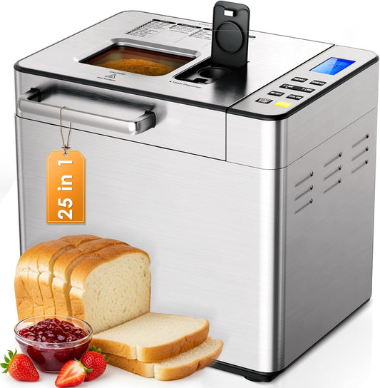 EUHOMY 25-in-1 Bread Maker Machine 2LB Breadmaker, Bread Machines with Nut Dispenser and Yeast Dispenser, 3 Loaf Sizes 3 Crust Colors, Dough Maker with Customized Options, Gluten-Free, Recipe, Gifts