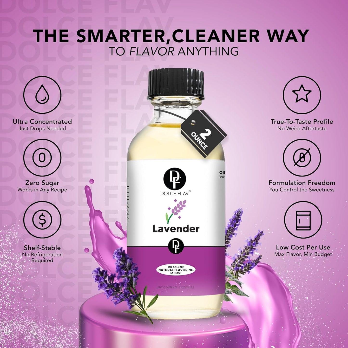 Dolce Flav Natural Lavender Extract – 2 Ounce Oil-Soluble Kosher, Sugar-Free, Concentrated Floral Lavender Flavoring for Baking, Chocolates & Desserts, Includes Measured Dropper
