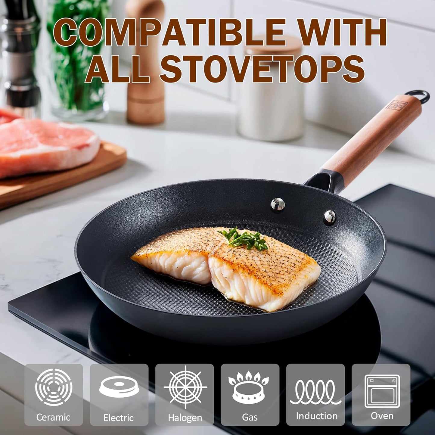 DM Cast Iron Skillet, 12 Inch Nonstick Frying Pan with Detachable Acacia Wooden Handle, Honeycomb Non stick Omelet Egg Pan, Easy Clean Oven Safe Pans for Cooking