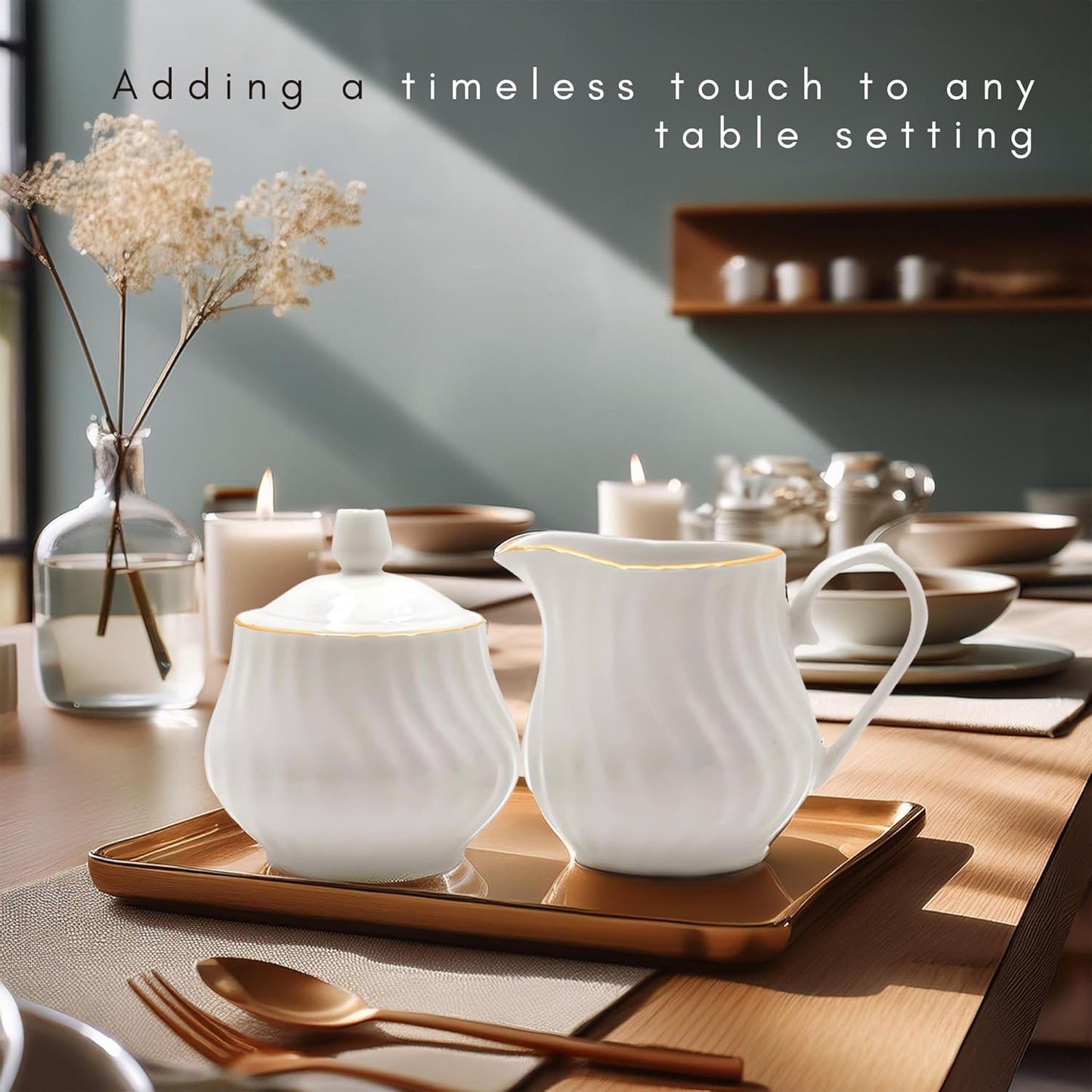 Sugar and Creamer Set - Porcelain Sugar and Creamer Vintage Tea Set with Gold Trims & Embossed Swirls - Exquisite Fine China Tea Set for Parties & Celebrations - Imperial Gold Set by Lynns