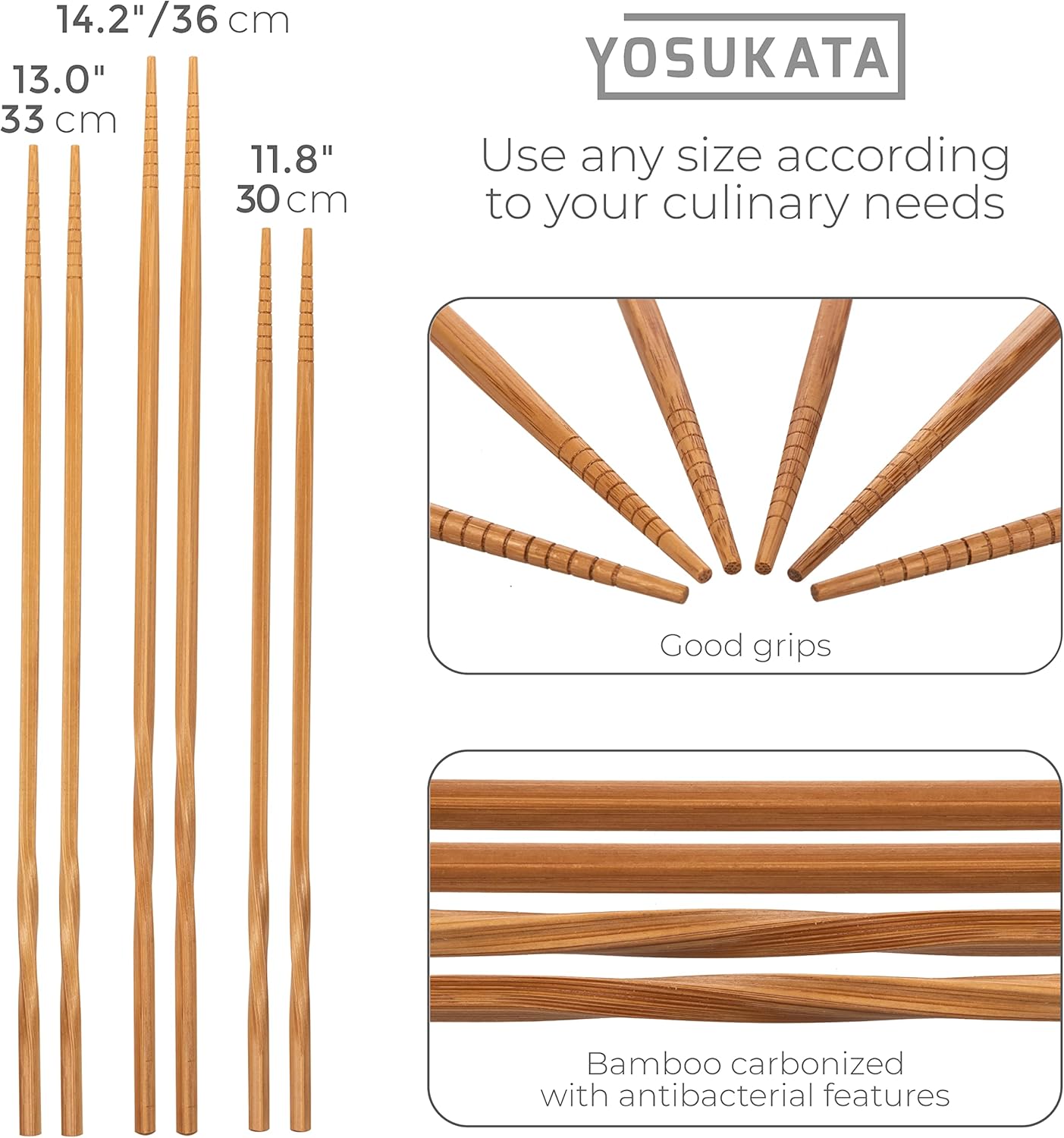 YOSUKATA Reusable Natural Wooden Long Cooking Chopsticks Set of 3 pairs: 11.8 inch, 13-inch, 14.2 inch Brown Long Wok Wooden Chopsticks Reusable