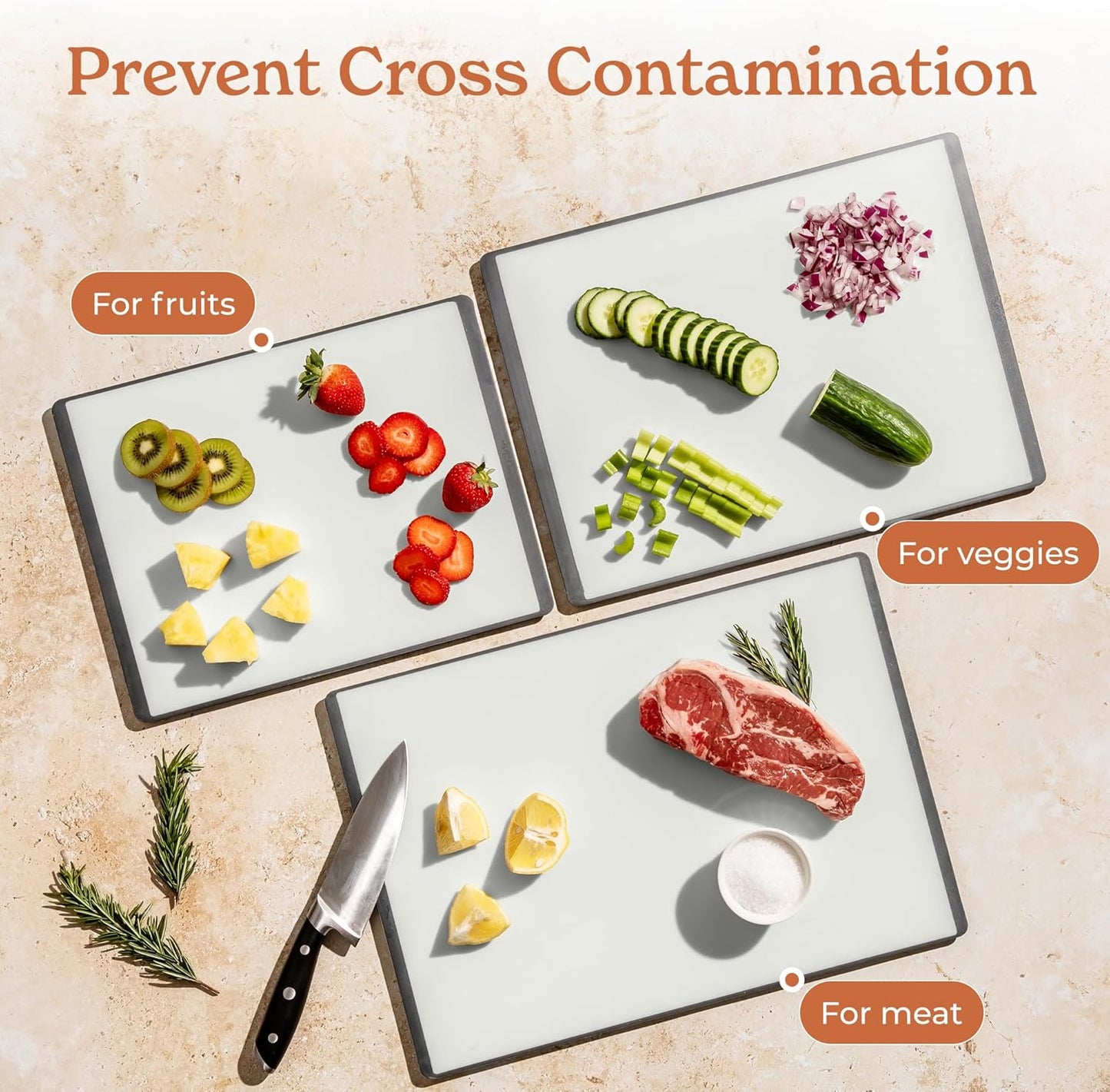 SMIRLY Plastic Cutting Board Set 3 Pieces, Non-Slip Dishwasher Safe Chopping Boards for Kitchen, Grey & White