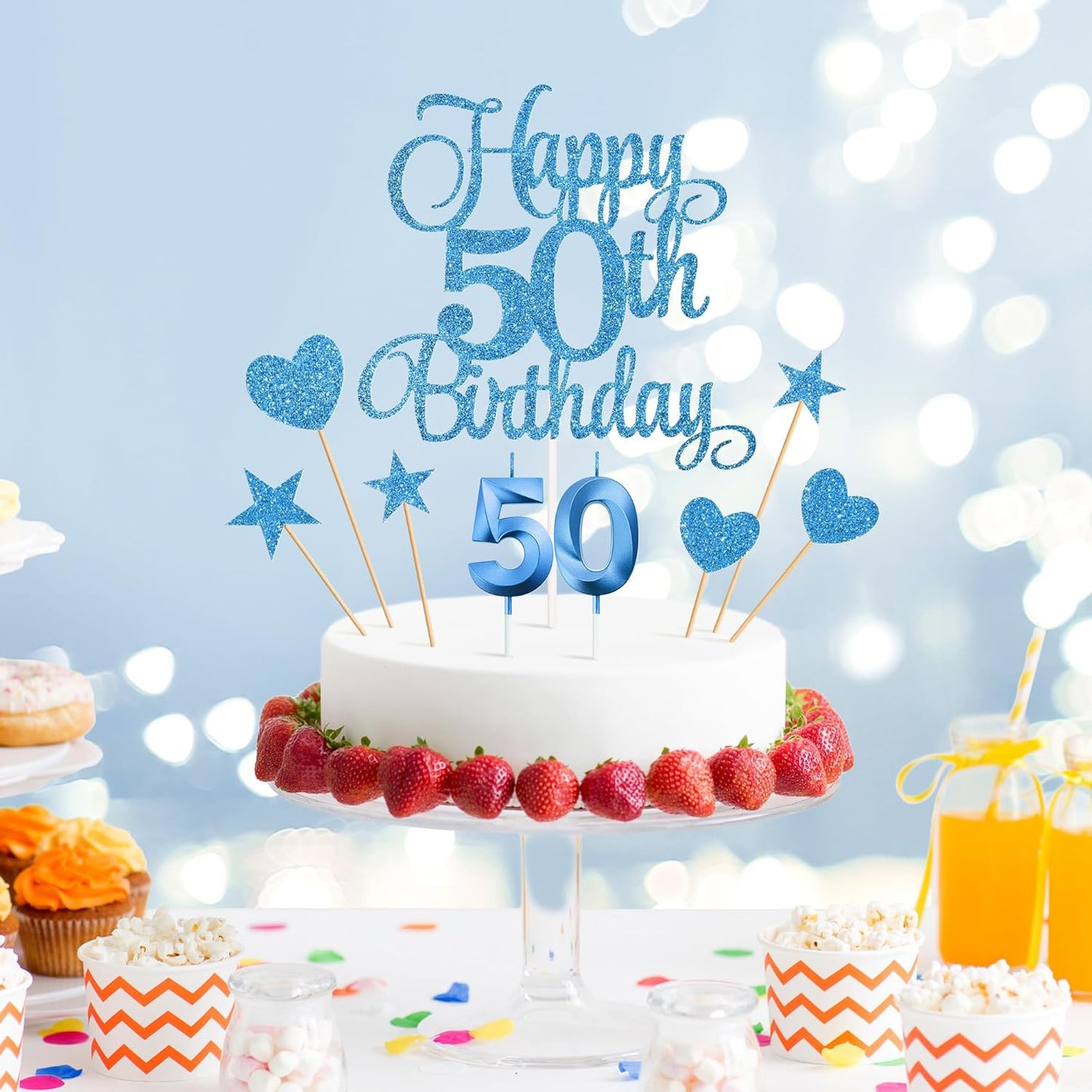 50th Birthday Cake Decorations, 50th Birthday Candles Cake Numeral Candles and Glitter Happy 50th Birthday Cake Toppers Set for Birthday Party Supplies (Blue)