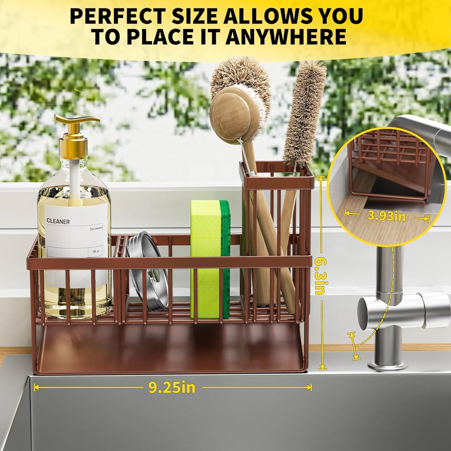 Cisily Kitchen Sink Caddy, Sponge Holder for Kitchen Sink, Kitchen Sink Organzier and Storage with High Brush Holder, Rustproof 304 Stainless Kitchen Gadgets Sink Accessories(Brown)