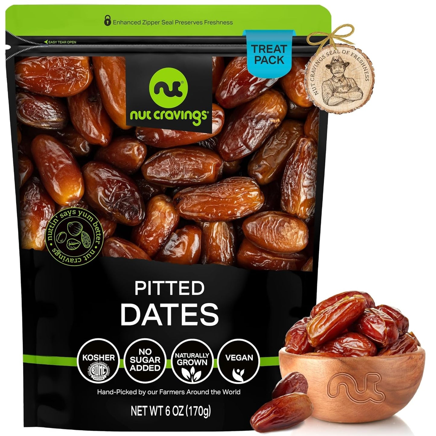NUT CRAVINGS - Sun Dried Deglet Noor Dates Pitted, No Sugar Added (6oz, 1 Pack) Bulk Dry Fruits Packed Fresh in Resealable Bag - Sweet Healthy Snack, Naturally Grown, Vegan, Kosher