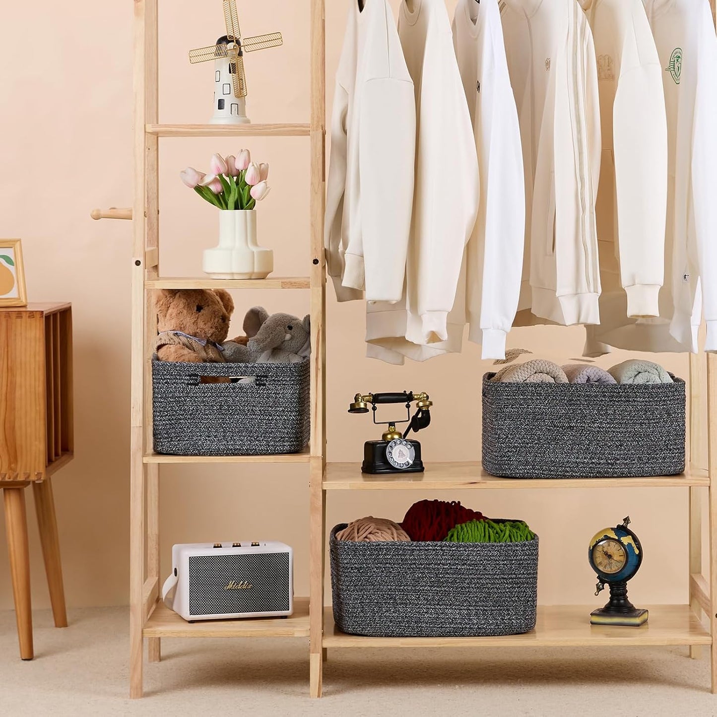 Large Storage Baskets for Organizing, Closet Shelf Baskets for Clothes Blanket Towels, Baby Nursery, Toy Bins Box, Woven Rope Baskets, 17 x 13 x 7.5”, 4 Packs Dark Gray