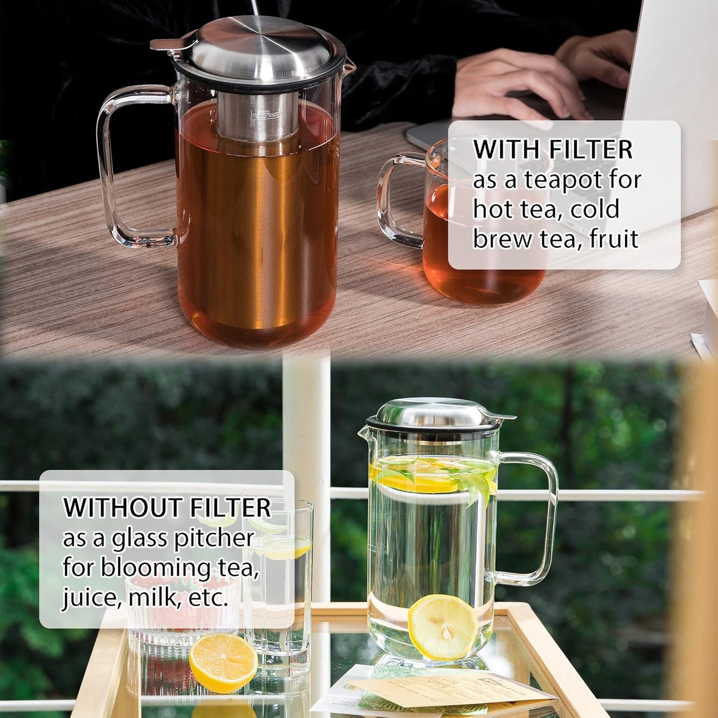 Aquach 51oz Glass Teapot with Stainless Steel Removable Infuser, Stovetop & Dishwasher Safe, Ideal for Loose & Blooming Tea Brewing