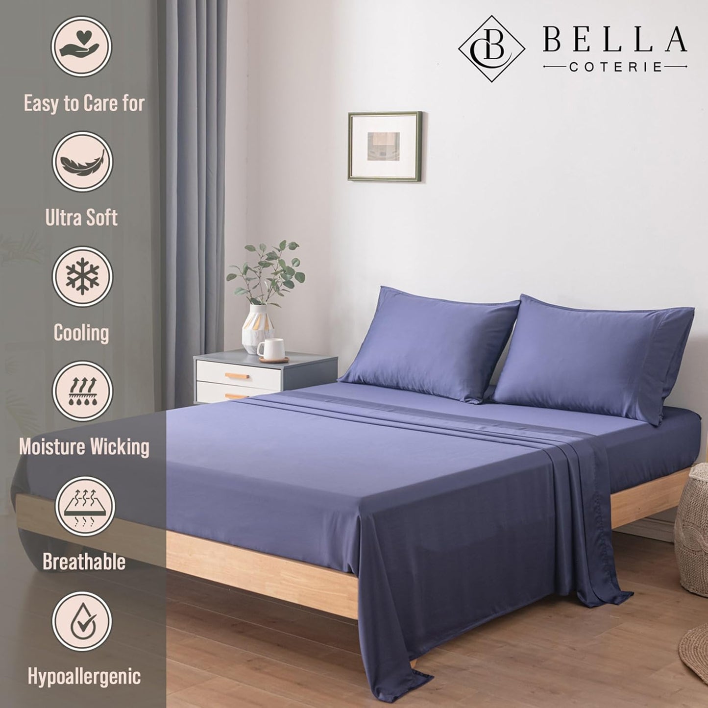 Bella Coterie Luxury Bamboo Viscose Cal King Size Sheet Set | 100% Organically Grown | Ultra Soft | Cooling for Hot Sleepers | 18" Deep Pocket [Twilight Blue]