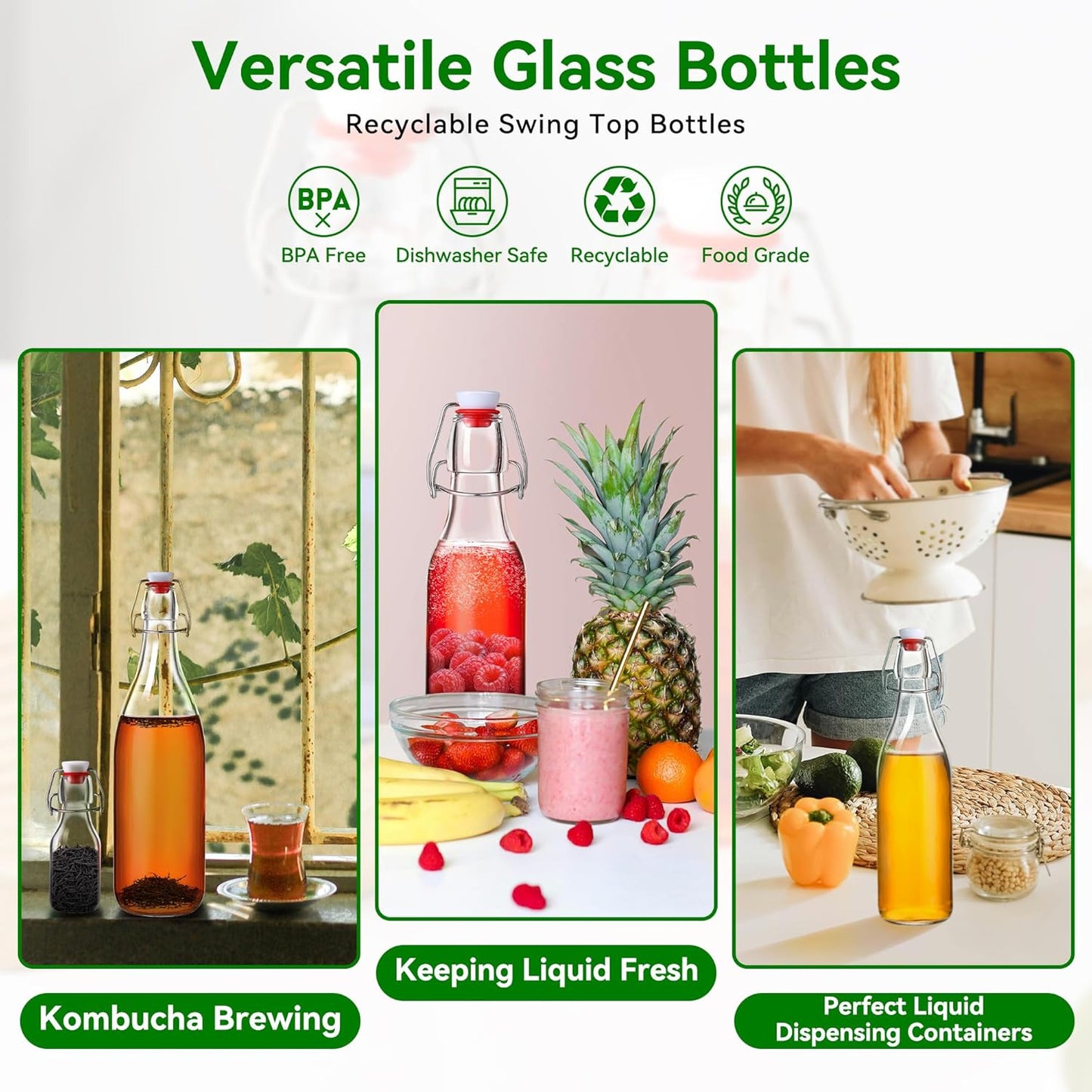 Leetaltree 12-Pack 16oz Swing Top Glass Bottles Set, Airtight Lid, Flip Top Bottles for Kombucha, Beverages, Beer, Oils